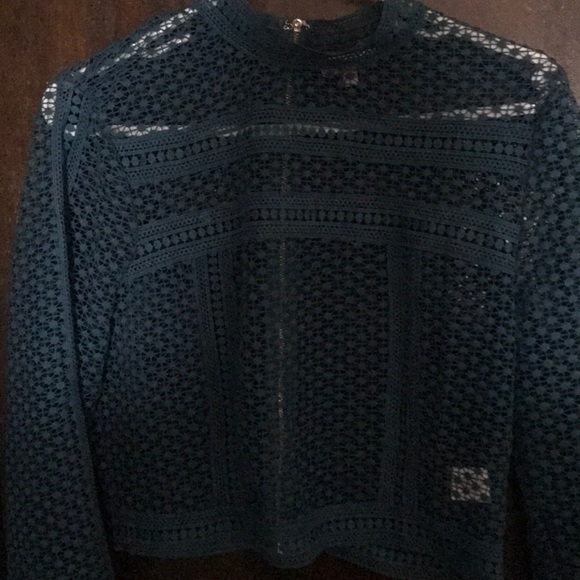 Teal, lace, and shear crop long sleeve blouse - Picture 2 of 4